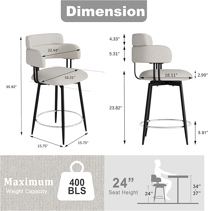 Swivel Bar Stools Set of 2, Counter Height Bar Stools with Ergonomic Full Back, Upholstered Linen Fabric Barstools with Chrome Metal Footrest for Kitchen Island, Dining Room