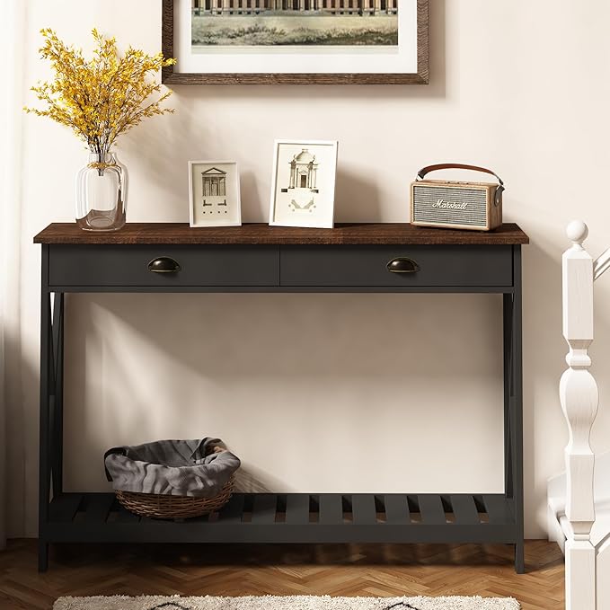 ChooChoo 47" Farmhouse Console Table with Drawer for Entryway, Narrow Long Entry Table with Shelf for Living Room, Rustic Vintage Hallway Sofa Table with Stable X Supports, Black