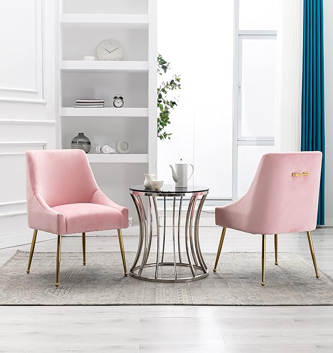 Velvet Dining Chairs, Furniture Collection Modern Contemporary Upholstered with Polished Gold Metal Legs, Set of 4(Pink)