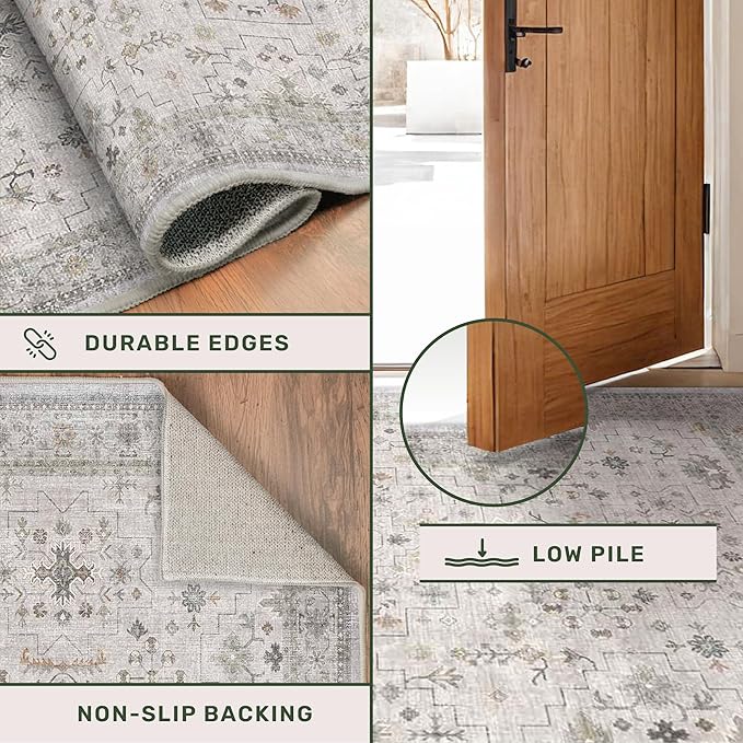 Boho 4x6 Living Room Rug - Light Grey Modern Vintage Eclectic Floral Pastel Neutral Taupe, Washable Low Pile Non-Slip Area Rugs for Kitchen, Mudroom, Bedroom Beside Bed, Office
