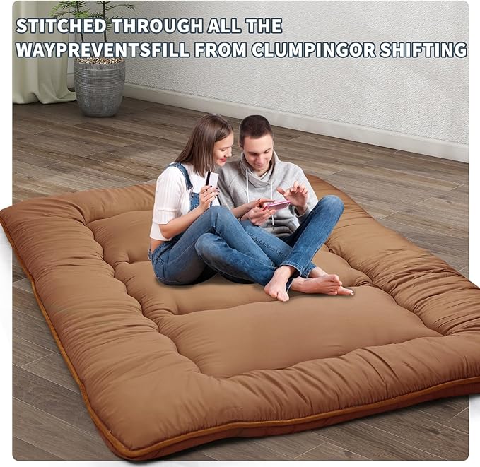 Japanese Floor Mattress,4" Thicken Japanese Floor Sleeping Pad Foldable,Futon Mattress Suitable for Camping and Guest Room (Khaki, Twin (80" x 36"))
