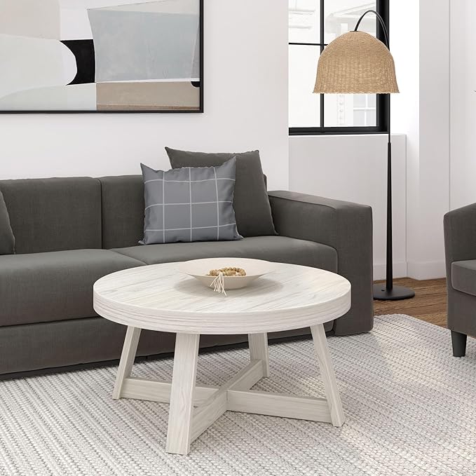 Plank+Beam Classic Round Coffee Table, 36" Farmhouse Coffee Table, Mini Center Tables for Small Spaces, Small Living Space Tea Table, White Sand Wirebrush