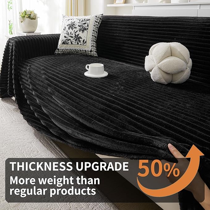 HAOMAIJIA Faux Fur Sofa Covers Couch Covers for 3 Cushion Couch Sofa Pet Friendly Soft Non Slip Couch Cover for Dogs Washable Sectional Couch Covers L Shape Furniture Protector (Black, 71"x150")