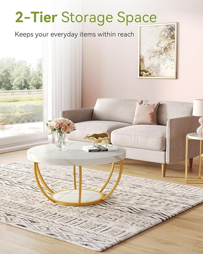 LITTLE TREE Round Coffee Table, 32" Circle Faux Marble Coffee Tables for Living Room, 2-Tier Golden Metal Legs Accent Center Table with Open Storage Modern Design Home Furniture (White and Gold)