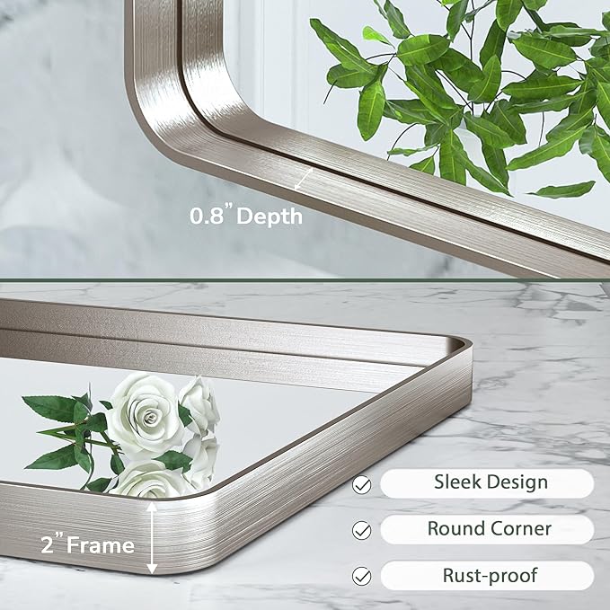 TokeShimi 55x36 Brushed Nickel Bathroom Wall Mirror Vanity Metal Frame Round Corner Rectangular for Home Decor Living Room Entryway
