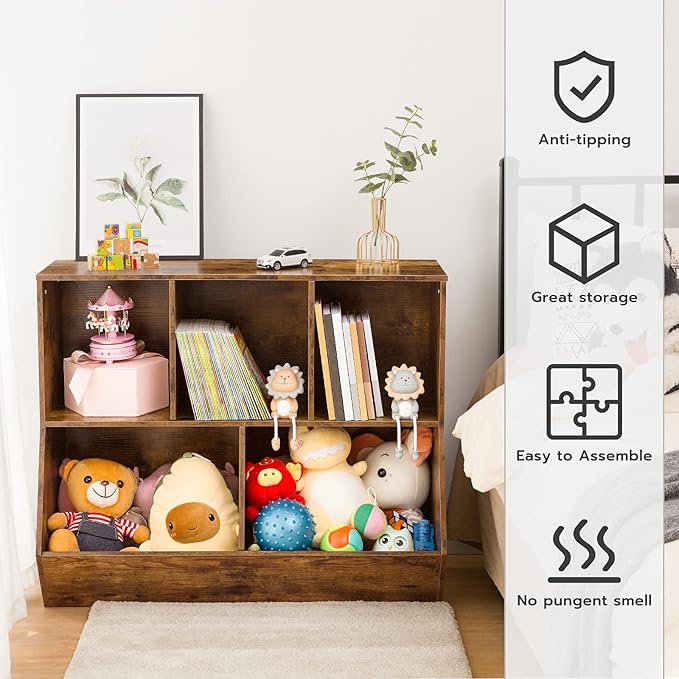 HOOBRO Kids Bookshelf, Bookcase Footboard, Toy Storage Cubby, 35.4" L Children's Toy Shelf, Toy Storage Cabinet, Fit for Children's Room, Playroom, Hallway, Kindergarten, Rustic Brown BF32CW01