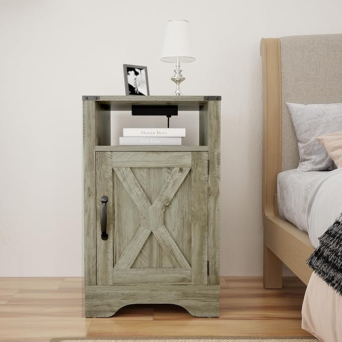 RoyalCraft Nightstand Set of 2, Grey End Table with Charging Station, Tall Farmhouse Bedside Table with Large Storage and Shelf, Wooden Side Table with for Bedroom, Home Office, Light Grey