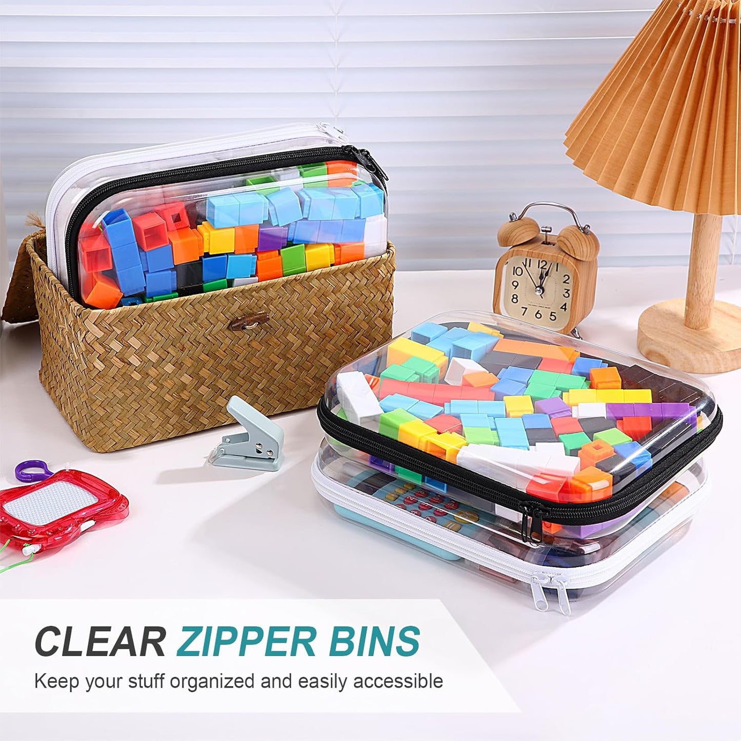 Hoolerry 4 Pcs Hard Clear Zipper Case Makeup Bags Plastic Pencil Pouch Transparent Storage Box Containers for Cosmetics, Snacks, Building Blocks, Puzzles(Black and White,9.8 x 7.9 x 2 in)