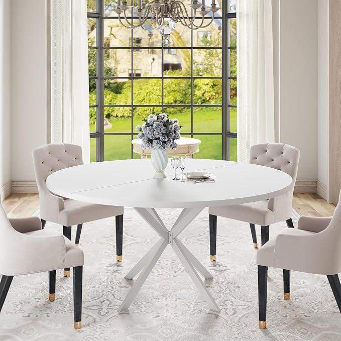 47.24" Round Dining Table for 4-6 Person, Modern Kitchen Table With Metal Legs, Pedestal Circle Table for Dining Room (White)