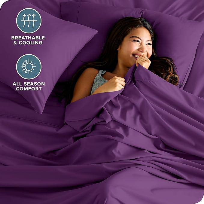 Bare Home Split Head Flex King Sheet Set - 1800 Ultra-Soft Microfiber Bed Sheets - Double Brushed - Deep Pockets - Easy Fit - 4 Piece Set - FlexTop King Bedding Sheets (Split Head Flex King, Plum)
