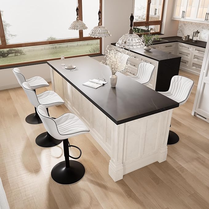 YOUNIKE 3 White Bar Stools Modern Swivel Counter Height Bar Chair with Back Adjustable Kitchen Island Faux Leather Padded Barstools taburetes de bar Breakfast sillas para barra de cocina 3PCS