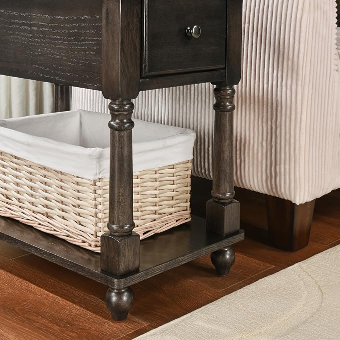 LEEMTORIG Solid Wood End Table Narrow Side Table with Drawer, Cherry Wood End Table Living Room, 13" W Slim Bedside Table Small Nightstand, 22" D x 22.7" H, No-Tools Assembly, Rustic Black BBJ-004-BK