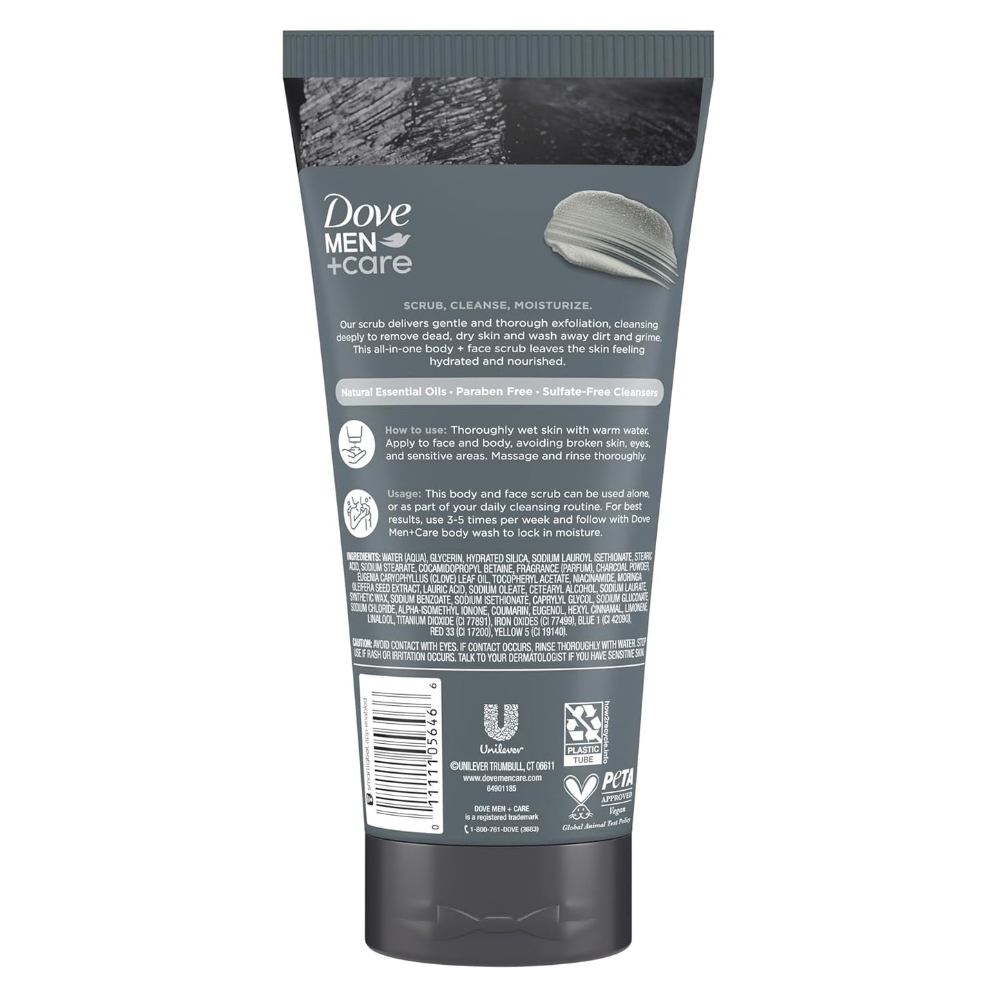 Dove Men+Care Body and Face Scrub Charcoal & Clove Oil Deeply Exfoliates for Hydrated & Nourished Skin 100% Gentle Cleanser, No Sulfate Cleansers or Parabens 9 oz