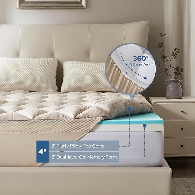 Bedlore 4-Inch King Mattress Topper for Back Pain - Dual Layer Medium Support (2" Gel Memory Foam + 2" Cooling Fluffy Pillow Top Pad), Breathable & Pressure Relief(Beige)