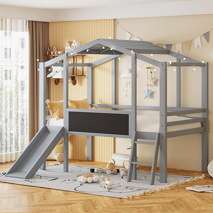 Ball & Cast Twin Size House Loft Bed with Ladder and Slide,Wood Bunkbed w/Blackboard and Light Strip on The Roof,Slat Support,Space Saving,Bedroom Furniture for Student Dorms,Gray