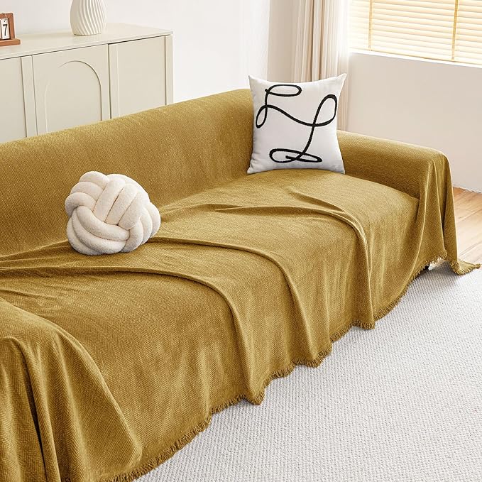 hyha Couch Cover for Dogs, Boho Sofa Covers for 3 Cushion Couch Washable, Chenille Sofa Slipcover for Pets, Soft Loveseat Sectional Couch Throw Blankets with Tassels (Yellow, 71x150 Inch)