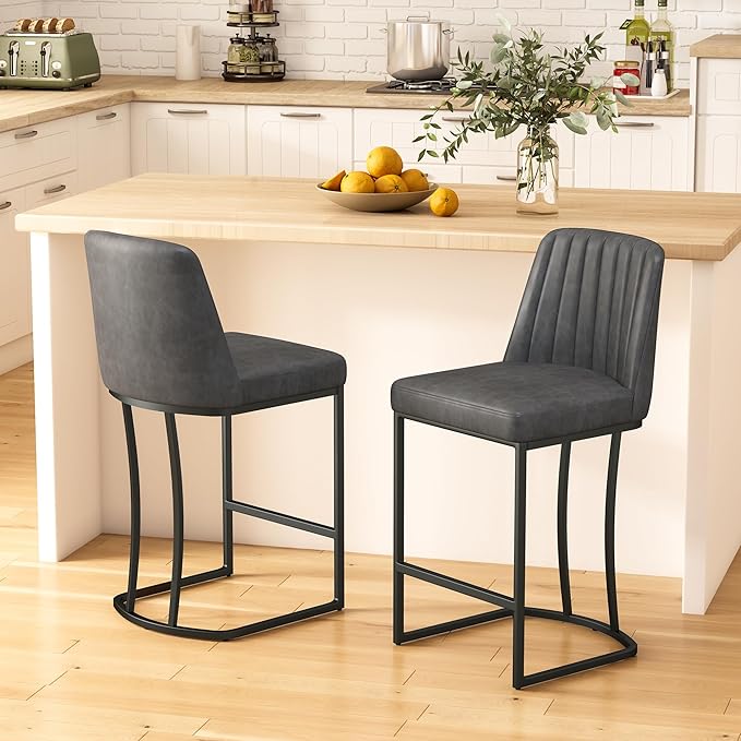 Bar Stools Set of 4, Faux Leather Counter Height Barstools, Upholstered Kitchen Counter Stools with Back and Stitching, 25.6" H Kitchen Island Stools Bar Chair, Metal Framed, Black Grey