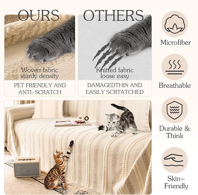 Couch Cover for Dogs Washable Sofa Cover, Sectional Couch Covers, Sofa Covers for 2 Cushion Couch, Non Slip Stripe Sofa Slipcovers Furniture Protector, Couch Protector from Cat Claws, Beige,75''x102''