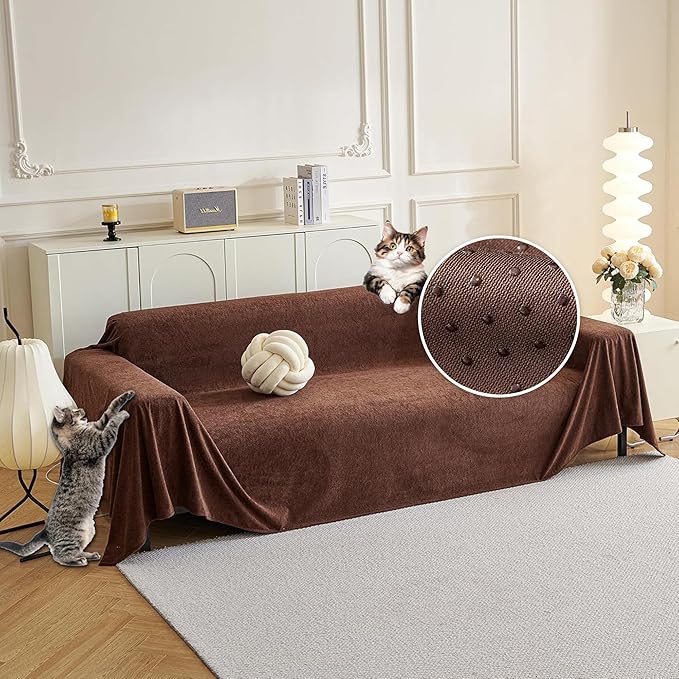 MYSKY HOME Cat Scratch Furniture Protector - Non-Slip, Washable Couch Cover for Dogs - Pet Friendly Sofa Slipcovers - Soft Thick Sofa Throw (71" x 118", Chocolate)