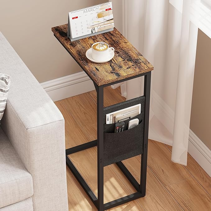 TUTOTAK C Shaped End Table, Side Table for Couch, Sofa Table with Storage Bag, TV Tray for Living Room, Bedroom, Brown TB01BB0822