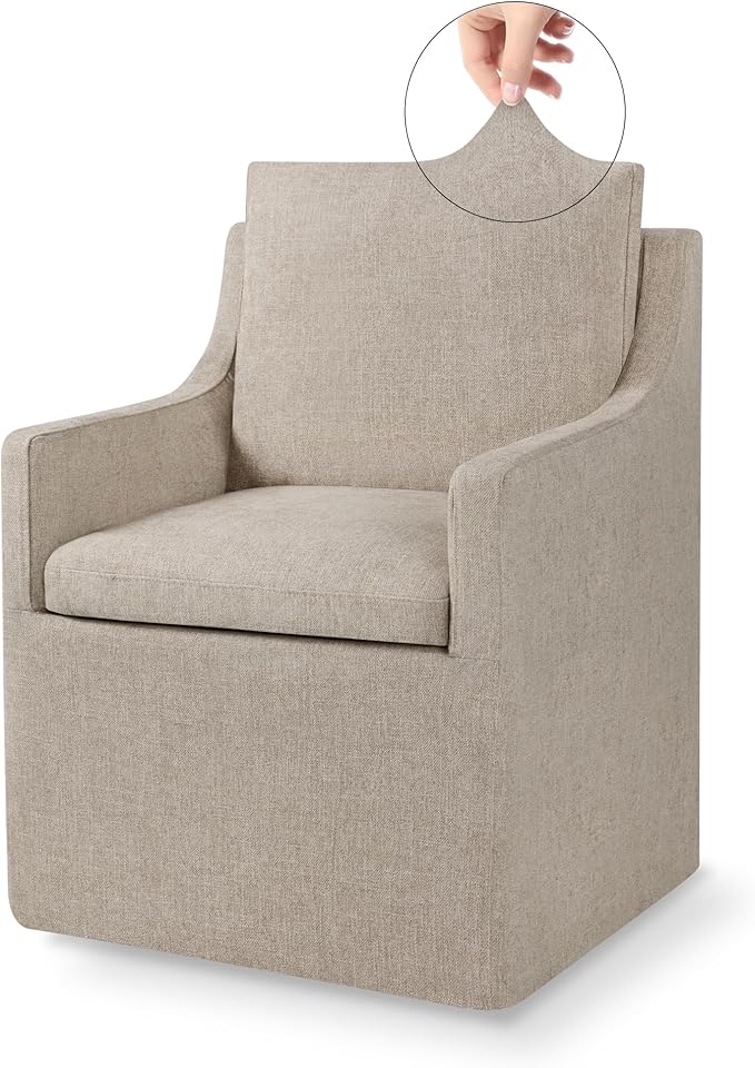 Upholstered Dining Chairs with Casters Easy Assembly Side Deskchair with Rollers for Diningroom, Living Room, Khaki, 2 Box