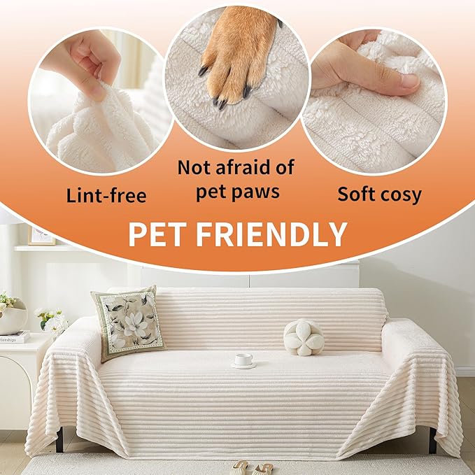 HAOMAIJIA Faux Fur Sofa Covers Couch Covers for 2 Cushion Couch Sofa Pet Friendly Soft Non Slip Couch Cover for Dogs Washable Sectional Couch Covers L Shape Furniture Protector (Off White, 71"x118")