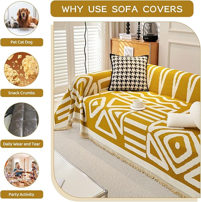 STACYPIK Boho Chenille Couch Cover, Ginger Yellow Sofa Cover for 3 Cushion Couch, Anti Slip L Shaped Couch Protector, Washable Loveseat Cover Pet Friendly, Multi-Use Jacquard Throw Cover-71X150IN
