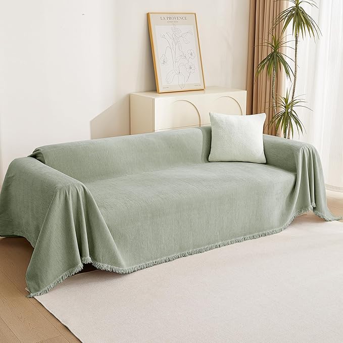 MYSKY HOME Green Sofa Covers Tassel Couch Cover for Pet Dogs Sage Couch Cushion Covers for L Shape Universal Chenille Sofa Throw Cover Washable Sectional Couch Covers for Living Room, 71" X102"