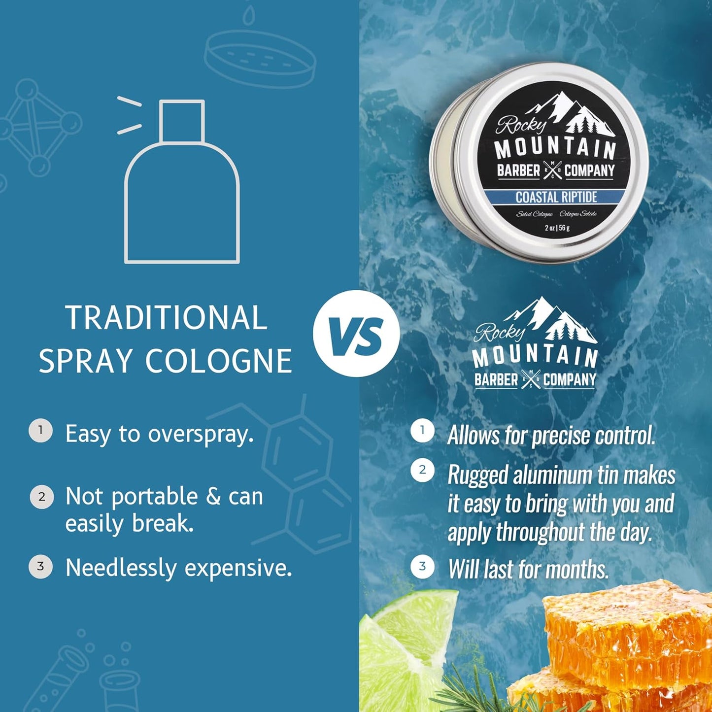 Rocky Mountain Barber Company Solid Cologne for Men – Coastal Riptide Scent – 2 Oz Size - Made with Coconut Oil, Shea Butter - Long-Lasting Scent (Coastal Riptide)