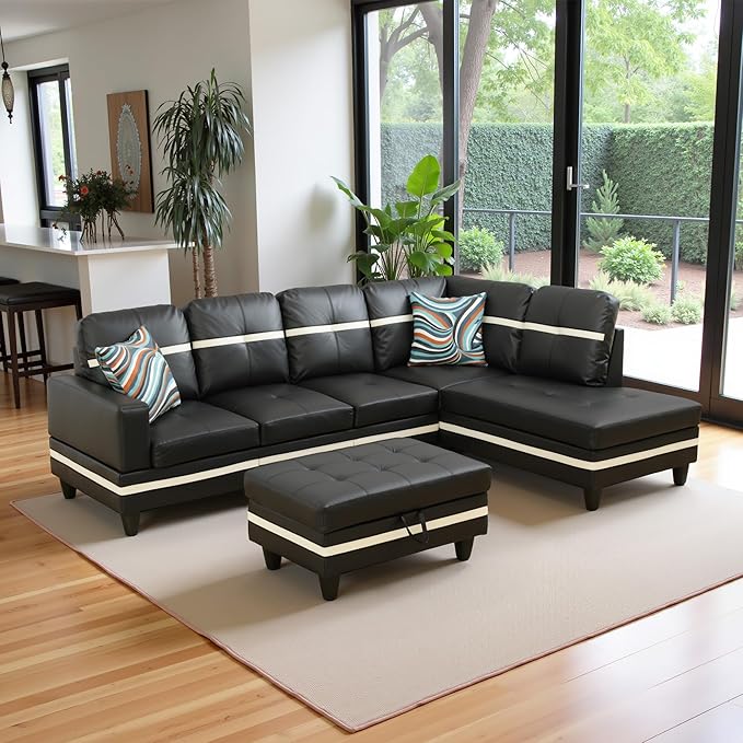 103.5" Oversized Sectional Couch, L Shaped Couch with Storage Ottoman, Modern Modular Sofa with Deep Seat, Sectional Couches for Living Room and Office, Black and White (PU Leather)