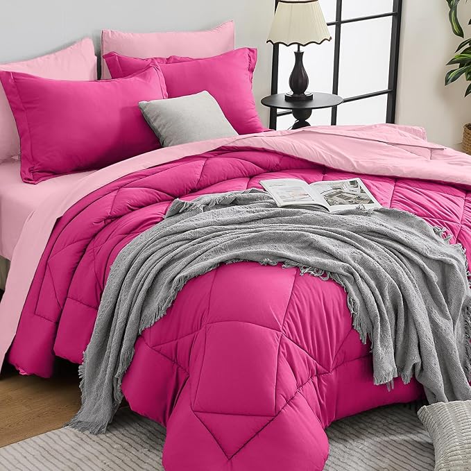 HEVUMYI Hot Pink & Baby Pink Twin Comforter Set - 5-Piece All Season Bed in a Bag Twin, Ultra Soft Bedding Set with Comforter, Flat Sheet, Fitted Sheet, Pillowcases, Pillow Shams