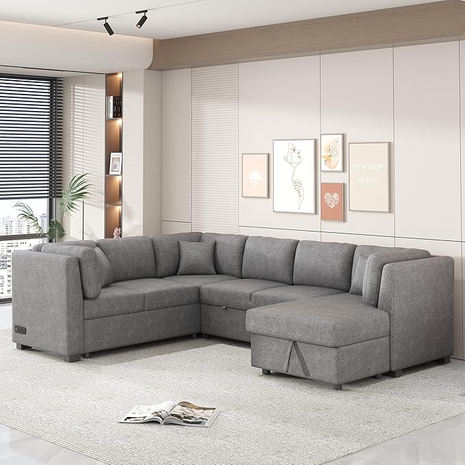 Ball & Cast 108.6" Sleeper Sectional Pull Out Sofa with 2 USB Ports,Two Power Sockets,Versatile U-Shape Couch w/ 3 Back Pillows and Storage Chaise,for Living Room,Office,Apartment,Light Gray
