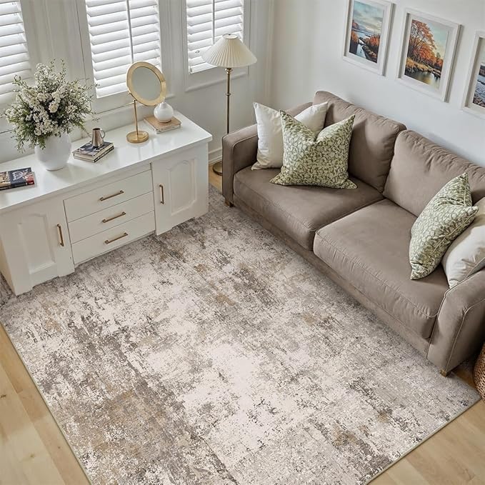 4x6 Washable Area Rug Brown Grey Neutral Abstract Entryway Kitchen Non Slip Low Pile Throw Rug Living Room Bedroom Indoor Doormat Soft Carpet for Entrance Bathroom Office