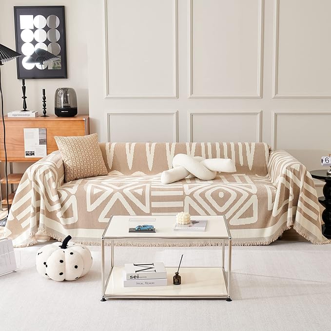 STACYPIK Boho Khaki White Cream Sofa Cover for Sofas Chenille Triangle Couch Cover Reversible Furniture Covers for 3-4 Cushion Couch L Shaped Couch Cover for Dogs Cats Non-Silp Loveseat Cover-91X150IN