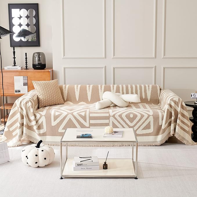 STACYPIK Boho Sofa Cover, Dog Couch Cover for Sofa, Non-Slip Khaki Sofa Cover for L Shaped, Furniture Protector for 3 Cushion Couch, Multi-Use Sectional Couch Cover, Multi-Use Sofa Silpcover-71X150IN