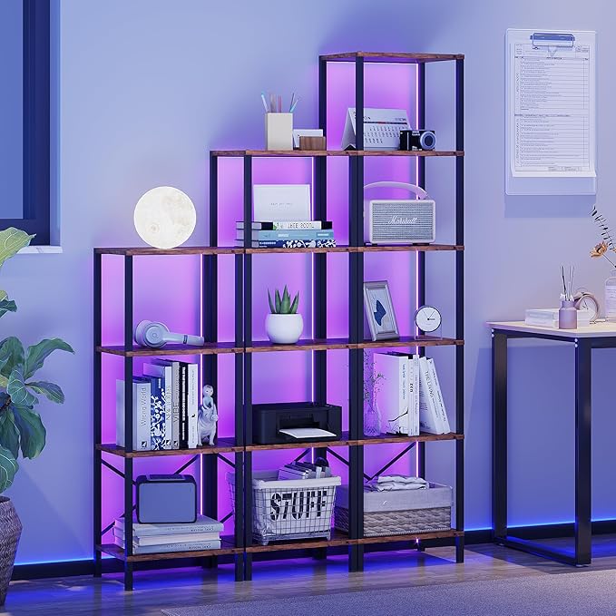 5-Tier Bookshelf, Tall Narrow Bookcase with LED Lights, Book Shelf with Steel Frame, Office Furniture, Display Storage Shelf for Living Room, Bedroom, Study, Balcony, Rustic Brown