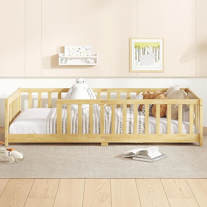 Bellemave Twin Floor Bed with Slats and Safety Guardrails, Kids Montessori Floor Beds with Fence and Without Door, Easy Assemble Floor Bed for Kids, Girls, Boys, Natural