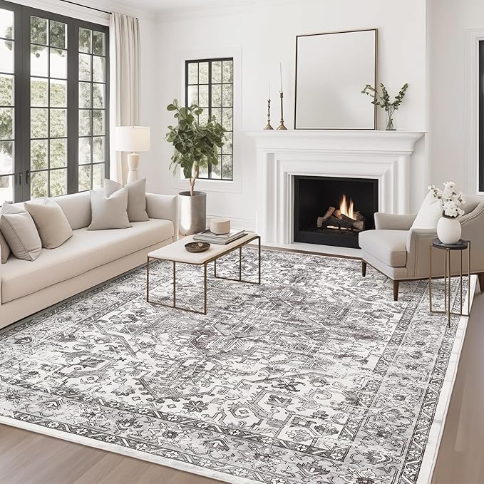 zesthome 9x12 Area Rugs,Stain Resistant Washable Rug,Ultra-Thin Rugs for Living Room,Bedroom,Non-Slip Backing Home Decor Large Area Rug (Grey/White,9'x12')