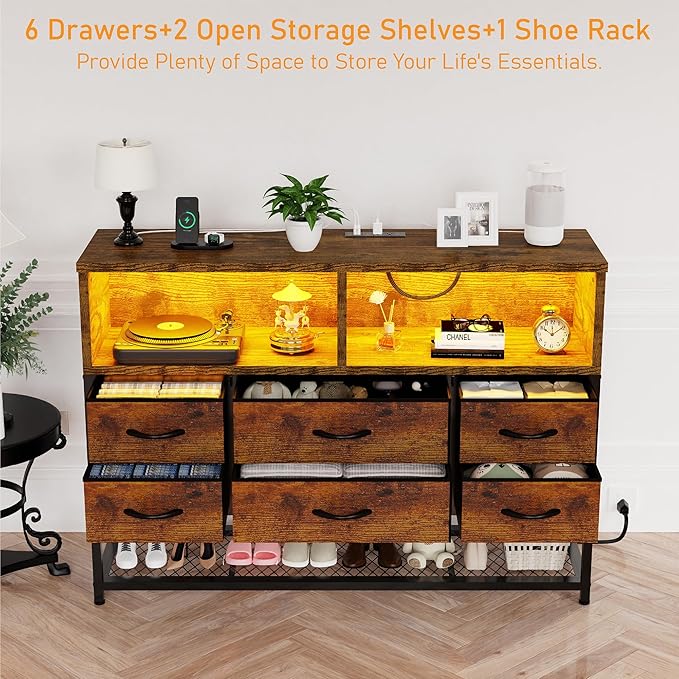 Dresser for Bedroom, 6 Drawers Led Dresser TV Stand with Power Outlets and LED Lights, Long Fabric Dressers Wide Chest of Drawers with Large Organizer Shoe Rack for Living Room, Entryway
