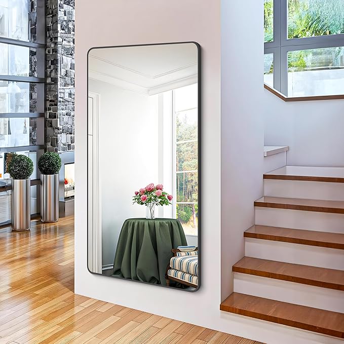 FORBATH Bathroom Mirror 30" X 60"，Large Rectangular Wall Mirror, Black Metal Framed Rounded Corner Wall Mounted Mirror for Bathroom Bedroom Entryway Decor(Horizontal/Vertical)