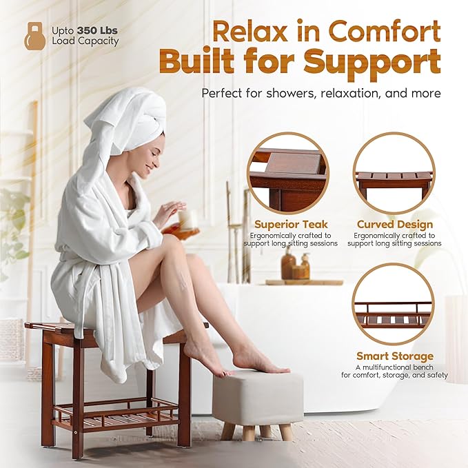 21" Teak Shower Bench for Inside – Luxury Spa-Style Comfort, FSC Certified Durable Teak Wood, Water-Resistant, Ergonomic Seat, Anti-Skid Stability and Enclosed Storage Shelf, 350 lbs Capacity