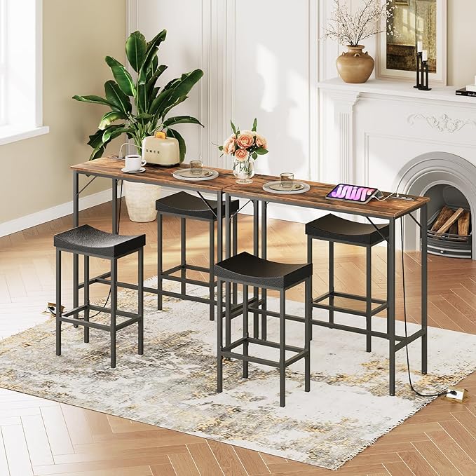HOOBRO 3-Piece Bar Table and Chairs Set, 39.4" Pub Table, High Top Bar Table with Charging Station, 3-Piece Dining Table Kitchen Breakfast Table Set, for Kitchen, Small Space, Rustic Brown BF10UBT01
