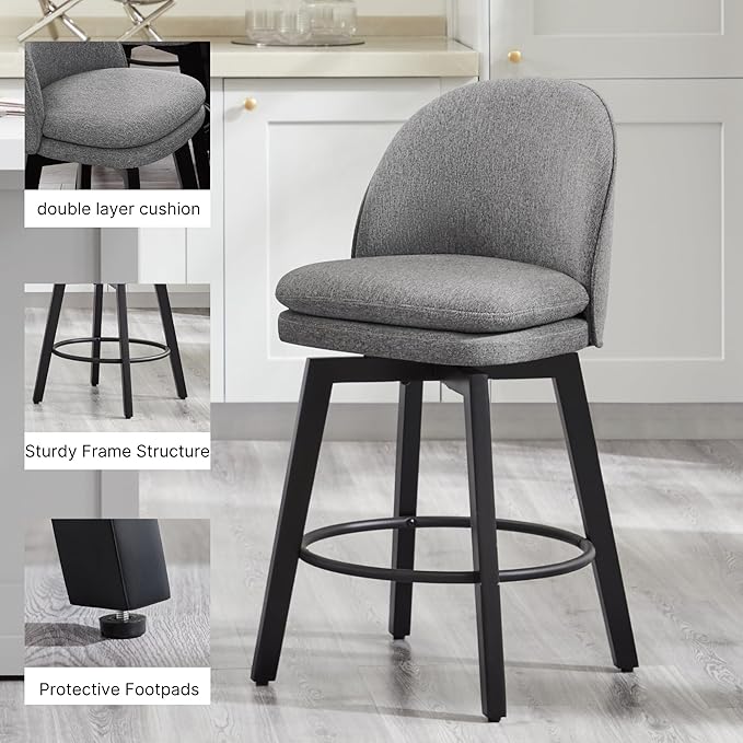 Counter Height Barstools 26 inch Upholstered Swivel Bar Stools with Back and Wood Legs for Kitchen Island,Set of 2,Dark Grey Fabric-Armless