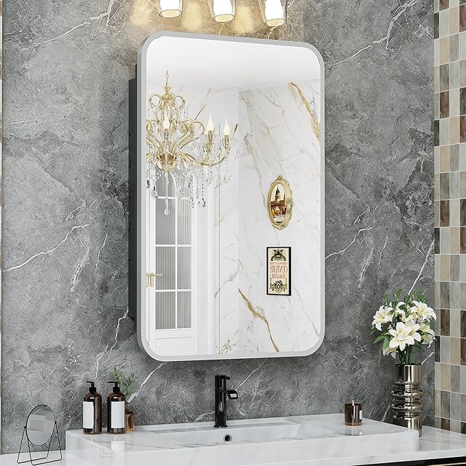 16x24 Inch Medicine Cabinet for Bathroom with Mirror Brushed Silver Metal Framed Recessed Bathroom Medicine Cabinet with Mirror Wall Mounted