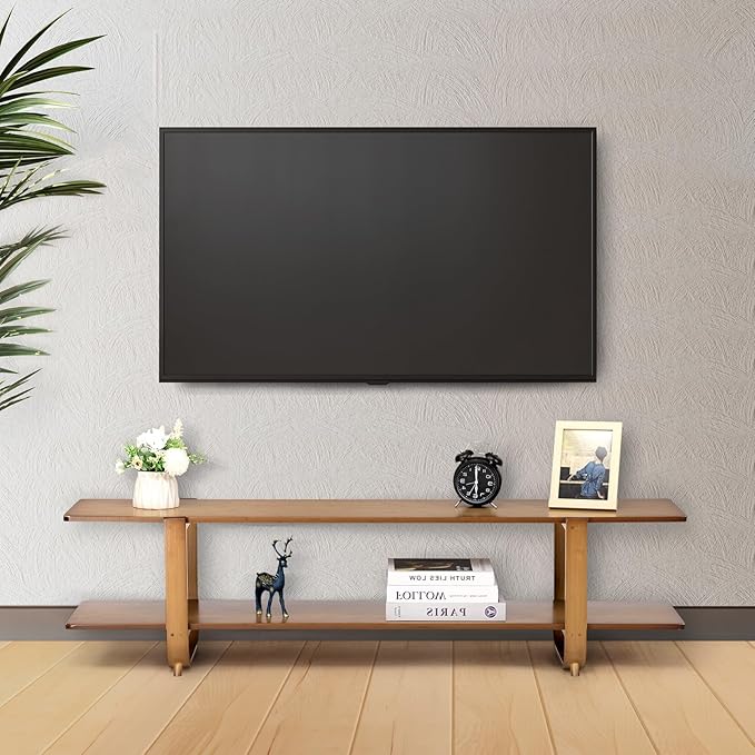 HollyHOME Bamboo TV Stand with Storage for TVs up to 65'', Modern Entertainment Center with 2 Open Shelf, Accent Media Console Table for Living Room, Bedroom, 55"(L), Walnut