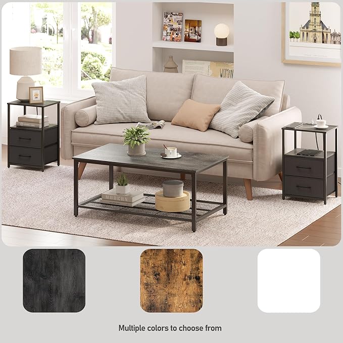 TUTOTAK End Table with Charging Station, Side Table with 2 USB Ports and Outlets, Nightstand with Cloth Drawer, Set of 2, Couch Table, Charcoal Grey TB01BY052