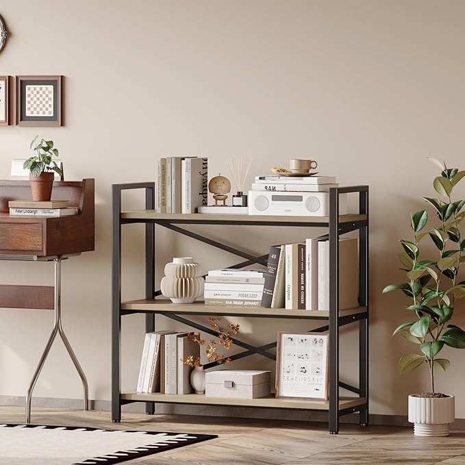 Homeiju 3 Tier Bookshelf 31.49" Width, Wood and Metal Etagere Bookcase, Vintage Farmhouse Modern Wooden Big Book Shelf for Home Living Room Bedroom Office Storage(Light Coffee)