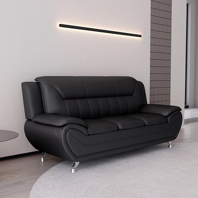 Container Furniture Direct Michael Modern Faux Leather Upholstered Stainless Steel Legs Living Room Sofa, Midnight Black