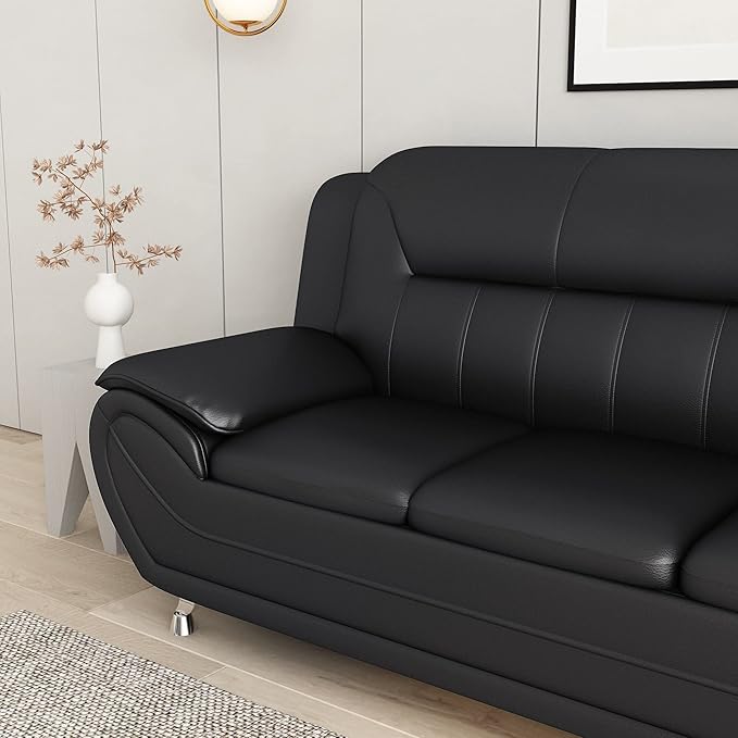 Container Furniture Direct Michael Modern Faux Leather Upholstered Stainless Steel Legs Living Room Sofa, Loveseat, Midnight