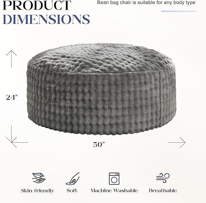 Hobestluk Bean Bag Chairs 5ft Beanbag Chair with Filler Adult Bean Bags with Fluffy & Machine Washable Cover, Giant Bean Bag Chairs for Adults (Grey, 5FT-50" x 50" x 24")